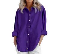 HOOUDO Things for 1 Pound Linen Tops for Women UK Long Sleeve Button Down Blouses Shirts Ladies Summer Casual T-Shirts Oversized Lightweight Tunic Top Tee Plus Size Dark Purple