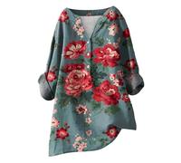 HOOUDO Today's Deals for Women Summer Linen Tops for Women UK Long Sleeve V Neck Blouses Shirts Loose Casual Tunic Top Tee Ladies Button Down T-Shirt Pullover Plus Size