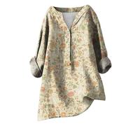 HOOUDO Today's Deals Summer Linen Tops for Women UK Long Sleeve V Neck Blouses Shirts Loose Casual Tunic Top Tee Ladies Button Down T-Shirt Pullover Plus Size