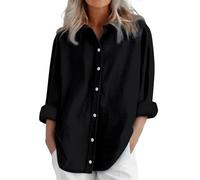 HOOUDO Todays Offers Special Deals Prime Deals Linen Tops for Women UK Long Sleeve Button Down Blouses Shirts Ladies Summer Casual T-Shirts Oversized Lightweight Tunic Top Tee Plus Size Black