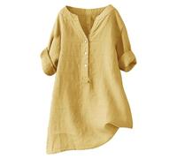 HOOUDO Tunic Tops for Leggings Summer Cotton Linen Button Down Blouses Ladies Roll Up Long Sleeve Shirts Plus Size Casual V Neck Loose T-Shirt Tunic Top Oversized My Orders UK Yellow