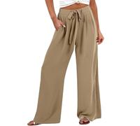 HOOUDO Warehouse Deals Clearance Returns Wide Leg Linen Trousers for Women UK Summer Baggy Ladies Beach Trouser Elastic Waist Light Weight Pants Casual Full Length Comfy Pant Joggers Khaki