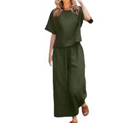 HOOUDO White Linen Trousers Womens Travel Airport Lounge Wear Set Ladies Summer Linen Sets Short Sleeve Round-Neck Tops & Loose Wide Leg Pants Co Ord Set Day Prime Delivery