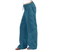 HOOUDO Wide Leg Trousers for Women UK Linen Baggy Lounge Pants Plue Size High Waisted Yoga Pants Easy Care Long Harem Trousers Solid Beach Lounge Wear Summer Trousers for Women UK Dark Blue
