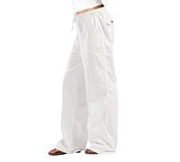 HOOUDO Wide Leg Trousers for Women UK Linen Baggy Lounge Pants Plue Size High Waisted Yoga Pants Easy Care Long Harem Trousers Solid Beach Lounge Wear Womens Linen Trousers Size 16 White