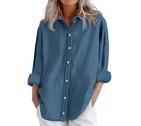 HOOUDO Winter Tops for Women UK Linen Tops for Women UK Long Sleeve Button Down Blouses Shirts Ladies Summer Casual T-Shirts Oversized Lightweight Tunic Top Tee Plus Size Blue
