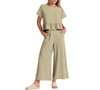 HOOUDO Women Lounge Set Casual Two Piece Outfits T-Shirt Solid Cotton Linen Tops and Pants Tracksuits Linen Co Ords Sets Y2k Loungewear Loose Leisure Suits Limited Time Deals