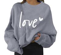 HOOUDO Women Pullover Top Comfort Basic Sweatshirts Baggy Letter Print Streetwear Autumn and Winter O Neck Teenage Girls Holiday Loungewear Plus Size Cute T Shirt Grey