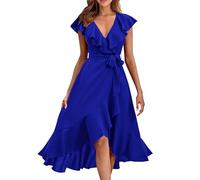 HOOUDO Women Summer Wrap Maxi Dress Casual V-Neck Ditsy Dress Tie Waist Sleeveless Ruffle Beach Dress High Low Hem Sun Dresses Swing Long Desses