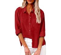 HOOUDO Women's Blouses Shirts Button Down Long Sleeve Tops Elegant Lapel Neck Tee Top Dressy Casual Shirt Blouse Ladies Business Work Office T-Shirts Loose Plus Size Red
