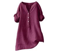 HOOUDO Womens Blouses Size 16 UK Summer Cotton Linen Button Down Blouses Ladies Roll Up Long Sleeve Shirts Plus Size Casual V Neck Loose T-Shirt Tunic Top Oversized Buy Again My Orders Wine
