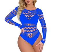 HOOUDO Women's Bodysuit Fishnet Lace Playsuit Chemises Female Valentines Gift Romper See Through Cut Out Mini Dress Tops Crochet Leotard Pajamas Nightie Blue