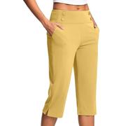HOOUDO Womens Boxer Shorts Ladies Soft 3/4 Length Cropped Pants High Waist Stretch Pull on Bottoms Summer Golf Chino Joggers Leggings Running Shorts Womens 2 in 1 Yellow