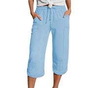 HOOUDO Women's Cropped Trousers,Cropped Linen Trousers Womens Summer Capri Pants Elasticated Waist 3/4 Length Joggers Baggy Wide Leg Ladies Casual Jogging Bottoms,Buy Again My Orders Sky Blue