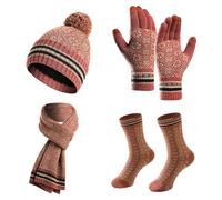 HOOUDO Women's Hat Scarf Gloves Set Beanie Hat Long Scarf Thermal Touch Screen Gloves Thick Ski Socks Set 4 PCS Soft Warm Winter Knitted Snowflake Pom Cap Set for Ladies Adults Sports Outdoor