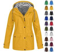 HOOUDO Women's Hooded Rain Coats Plus Size Lightweight Waterproof Jacket Drawstring Casual Rain Jackets Full Zipper Solid Raincoat Windproof Fall Winter Clothes Outerwear Hiking Mountain Outdoor Coat