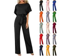 HOOUDO Women's Jumpsuits & Playsuits Petite Summer Short Sleeve Playsuits Ladies Plain Casual Wide Leg Pant Belted Romper Formal Wedding Overalls Baggy One Piece Outfits Dungarees My Orders UK 2025