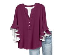 HOOUDO Womens Linen Tops Elegant 3/4 Ruffled Sleeves V Neck Summer Shirts Ladies Plus Size Solid T-Shirts Loose Casual Trendy Blouses A Purple