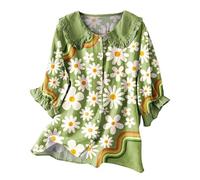 HOOUDO Womens Linen Tops Plus Size Summer Floral Print Half Sleeve Blouses Ladies T-Shirts Lapel Neck Casual Loose Blouse Pullover Plus Size Day Prime Delivery