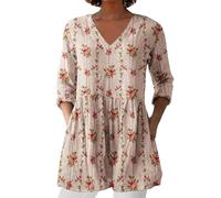 HOOUDO Womens Linen Tops with Pockets Summer Vintage Floral Printed Tunic Top V Neck 3/4 Sleeve T-Shirt Baggy Swing Tee Shirts Casual Trendy Blouse Plus Size