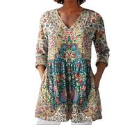 HOOUDO Womens Linen Tops with Pockets Summer Vintage Floral Printed Tunic Top V Neck 3/4 Sleeve T-Shirt Baggy Swing Tee Shirts Casual Trendy Blouse Plus Size