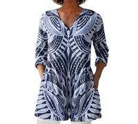 HOOUDO Womens Linen Tops with Pockets Summer Vintage Floral Printed Tunic Top V Neck 3/4 Sleeve T-Shirt Baggy Swing Tee Shirts Casual Trendy Blouse Plus Size