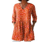 HOOUDO Womens Linen Tops with Pockets Summer Vintage Floral Printed Tunic Top V Neck 3/4 Sleeve T-Shirt Baggy Swing Tee Shirts Casual Trendy Blouse Plus Size