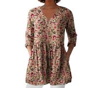 HOOUDO Womens Linen Tops with Pockets Summer Vintage Floral Printed Tunic Top V Neck 3/4 Sleeve T-Shirt Baggy Swing Tee Shirts Casual Trendy Blouse Plus Size