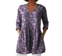 HOOUDO Womens Linen Tops with Pockets Summer Vintage Floral Printed Tunic Top V Neck 3/4 Sleeve T-Shirt Baggy Swing Tee Shirts Casual Trendy Blouse Plus Size