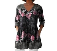 HOOUDO Womens Linen Tops with Pockets Summer Vintage Floral Printed Tunic Top V Neck 3/4 Sleeve T-Shirt Baggy Swing Tee Shirts Casual Trendy Blouse Plus Size A Black