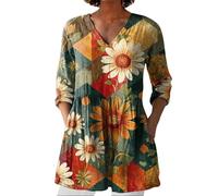 HOOUDO Womens Linen Tops with Pockets Summer Vintage Floral Printed Tunic Top V Neck 3/4 Sleeve T-Shirt Baggy Swing Tee Shirts Casual Trendy Blouse Plus Size