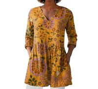 HOOUDO Womens Linen Tops with Pockets Summer Vintage Floral Printed Tunic Top V Neck 3/4 Sleeve T-Shirt Baggy Swing Tee Shirts Casual Trendy Blouse Plus Size