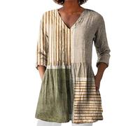 HOOUDO Womens Linen Tops with Pockets Summer Vintage Floral Printed Tunic Top V Neck 3/4 Sleeve T-Shirt Baggy Swing Tee Shirts Casual Trendy Blouse Plus Size