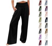 HOOUDO Womens Linen Trousers Plus Size Elastic High Waist Summer Pants Loose Wide Leg Lounge Pants Solid Palazzo Harem Yoga Pants with Pockets for Beach Casual