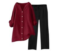 HOOUDO Womens Lounge Wear Sets Cotton Linen Ladies Tracksuit Set 2 Piece Summer Outfits Co Ord Sets Long Sleeve Blouses Tops and Wide Leg Trousers Casual Solid Loungewear Activewear with Pockets