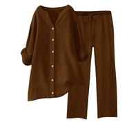 HOOUDO Womens Lounge Wear Sets Cotton Linen Ladies Tracksuit Set 2 Piece Summer Outfits Co Ord Sets Long Sleeve Blouses Tops and Wide Leg Trousers Casual Solid Loungewear Activewear with Pockets
