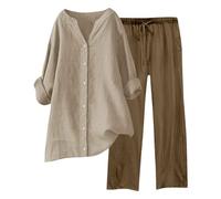HOOUDO Womens Lounge Wear Sets Cotton Linen Ladies Tracksuit Set 2 Piece Summer Outfits Co Ord Sets Long Sleeve Blouses Tops and Wide Leg Trousers Casual Solid Loungewear Activewear with Pockets