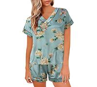 HOOUDO Women's Nightwear Cozy Breathable Short Sleeve Tops and Elastic Waist Shorts Pyjama Set Lightweight Satin Silk Two Piece Lounge Wear Plus Size Stretch Pjs Sets Sleepwear