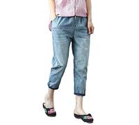 HOOUDO Womens Ripped Cropped Jeans Drawstring Elasticated Waist Straight Leg Denim Trousers Embroidery Casual Capri Pants Summer Boyfriend 3/4 Shorts Jogger Gym Running Sweatpants for Teen Girls