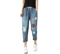 HOOUDO Womens Ripped Cropped Jeans Drawstring Elasticated Waist Straight Leg Denim Trousers Embroidery Casual Capri Pants Summer Boyfriend 3/4 Shorts Jogger Gym Running Sweatpants for Teen Girls