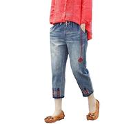 HOOUDO Womens Ripped Cropped Jeans Drawstring Elasticated Waist Straight Leg Denim Trousers Embroidery Casual Capri Pants Summer Boyfriend 3/4 Shorts Jogger Gym Running Sweatpants for Teen Girls