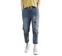 HOOUDO Womens Ripped Cropped Jeans Drawstring Elasticated Waist Straight Leg Denim Trousers Embroidery Casual Capri Pants Summer Boyfriend 3/4 Shorts Jogger Gym Running Sweatpants for Teen Girls