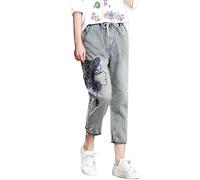 HOOUDO Womens Ripped Cropped Jeans Drawstring Elasticated Waist Straight Leg Denim Trousers Embroidery Casual Capri Pants Summer Boyfriend 3/4 Shorts Jogger Gym Running Sweatpants for Teen Girls