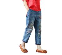 HOOUDO Womens Ripped Cropped Jeans Drawstring Elasticated Waist Straight Leg Denim Trousers Embroidery Casual Capri Pants Summer Boyfriend 3/4 Shorts Jogger Gym Running Sweatpants for Teen Girls