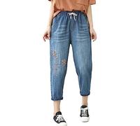 HOOUDO Womens Ripped Cropped Jeans Drawstring Elasticated Waist Straight Leg Denim Trousers Embroidery Casual Capri Pants Summer Boyfriend 3/4 Shorts Jogger Gym Running Sweatpants for Teen Girls