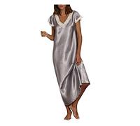 HOOUDO Women's Satin Long Nightgown Baggy Nightdress Plus Size Short Sleeve Nightshirt V Neck Sleep Dress Casual Sleepwear Ladies Babydoll Lingerie Grey