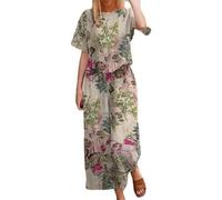 HOOUDO Womens Sexy 2 Piece Summer Outfits Travel Airport Lounge Wear Set Ladies Summer Linen Sets Short Sleeve Round-Neck Tops & Loose Wide Leg Pants Co Ord Set Prime+Day