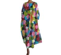 HOOUDO Women's Summer Cotton Linen Dresses Plus Size Long Sleeve Printed Long Maxi Dresses Loose Oversized Casual Tunic Shirt Dress Ladies Round Neck Beach Sundress with Pockets
