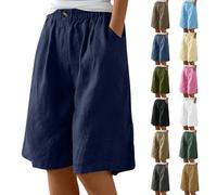 HOOUDO Womens Summer Cotton Linen Shorts Elastic Waist Knee Length Bermuda Shorts Loose Casual Hot Pants Wide Leg Beach Trousers Shorts with Pockets Cheap Dresses for Women
