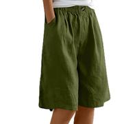 HOOUDO Womens Summer Cotton Linen Shorts Elastic Waist Knee Length Bermuda Shorts Loose Casual Hot Pants Wide Leg Beach Trousers Shorts with Pockets Items Under 1 Pound Army Green